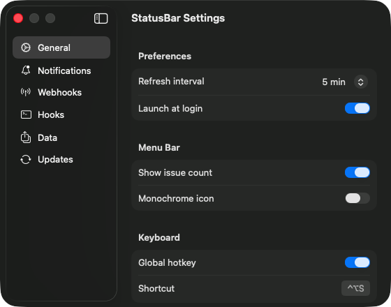 Settings view showing source management and preferences
