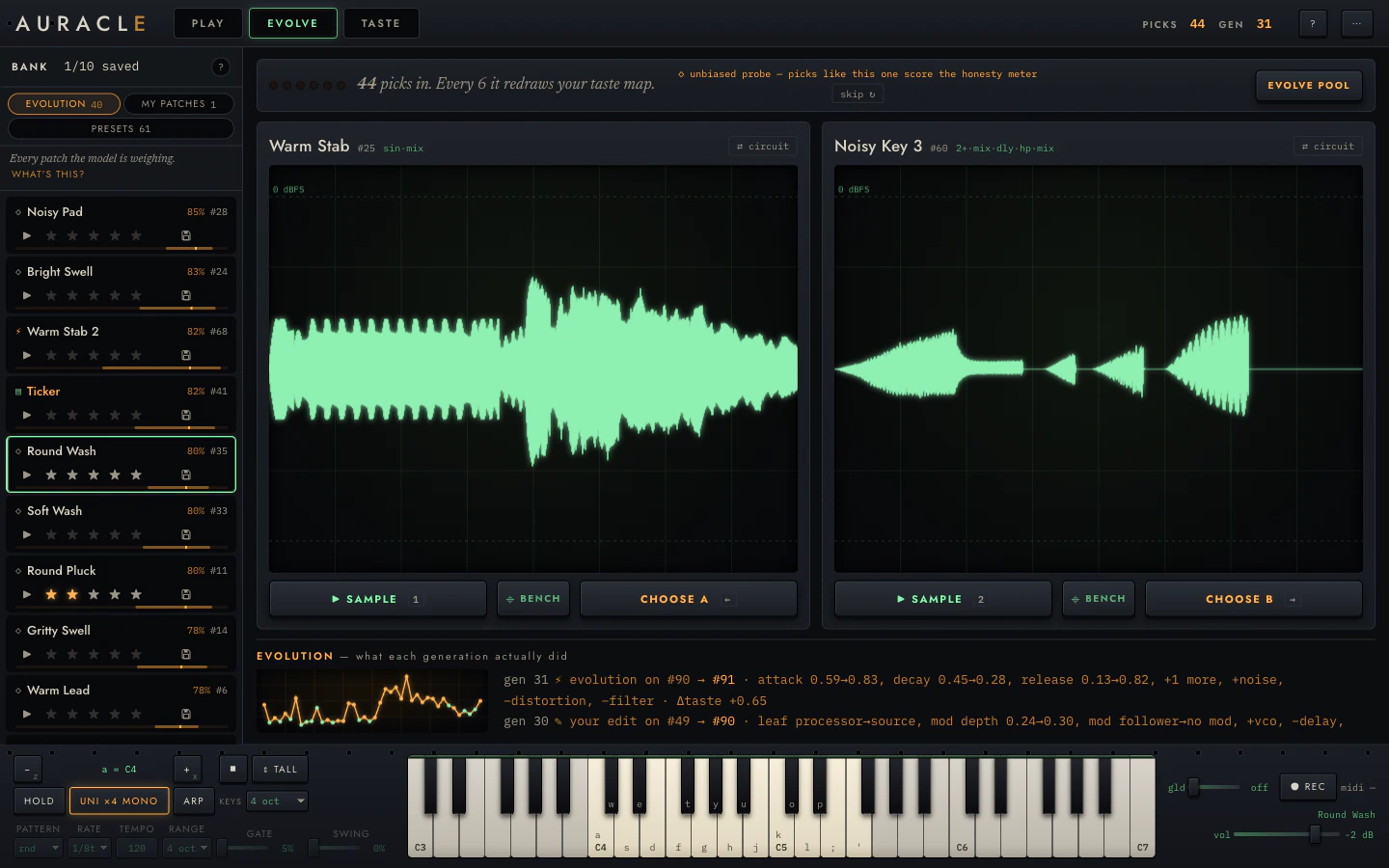 The EVOLVE view: two duel cards side by side with rendered waveforms, a teaching meter reading forty-four picks in, and a generation lineage log below.