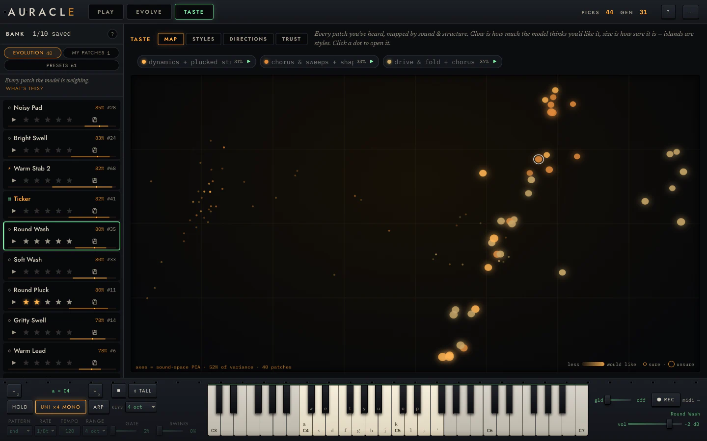 The TASTE map: a dark field scattered with amber dots of varying size and brightness, three named style chips above it, and a legend reading less / would like and sure / unsure.
