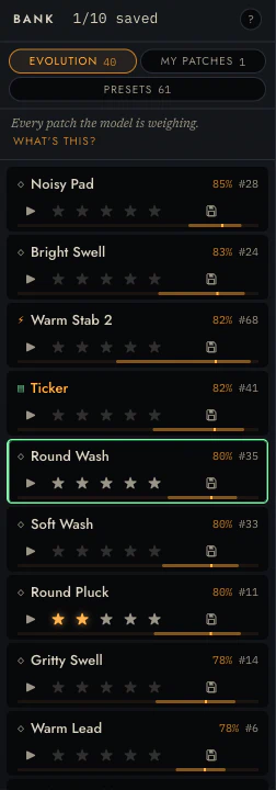 The bank rail: three bank tabs — evolution 40, my patches 1, presets 61 — above a list of rows, each with a name, prediction percentage, play button, five stars and a save icon.