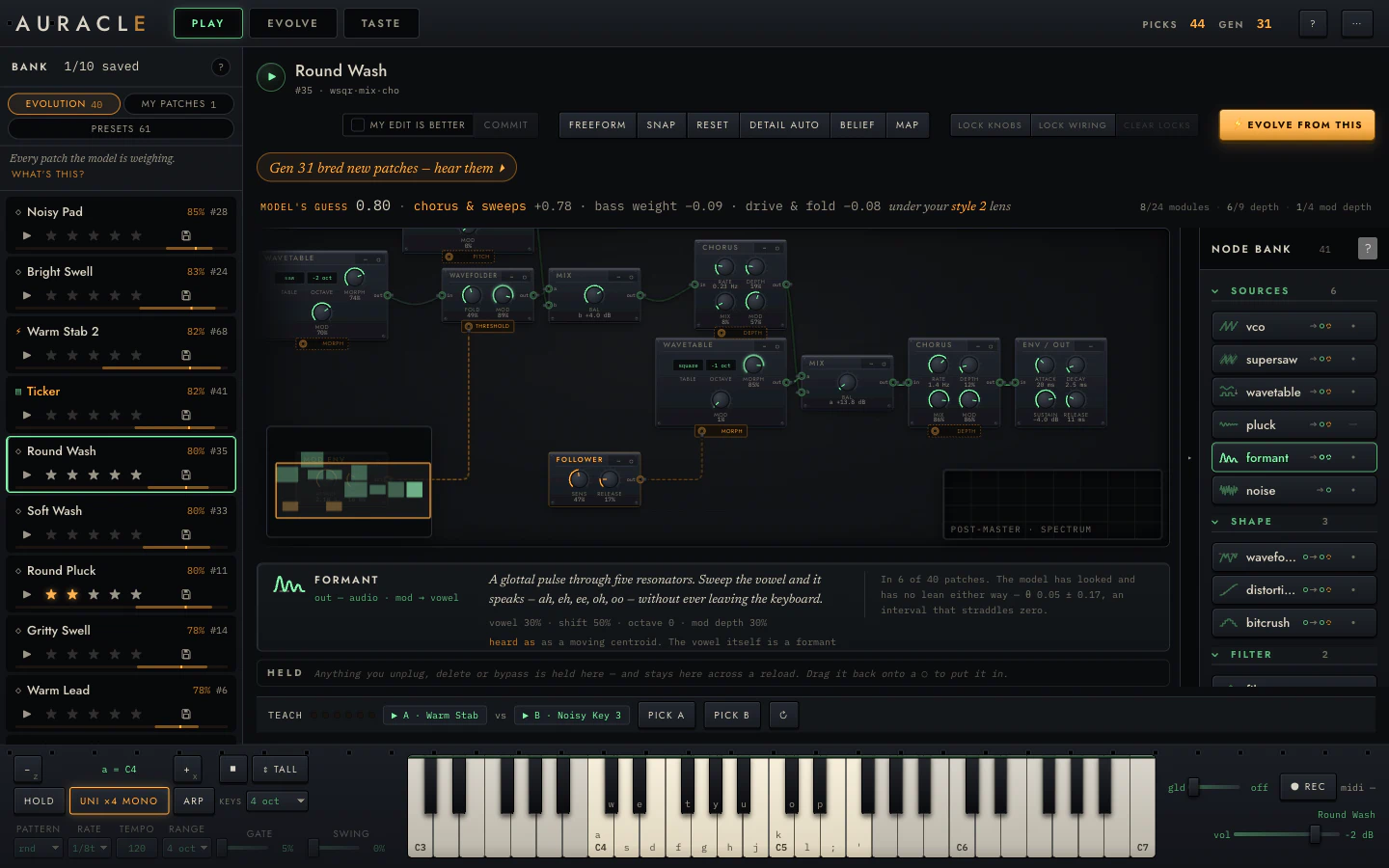 The PLAY view with the node bank open on the right: eight groups of modules down a rail, each entry carrying a transfer-function glyph, a name, a port signature and a θ bar, with the formant oscillator's spec card opened beside it.