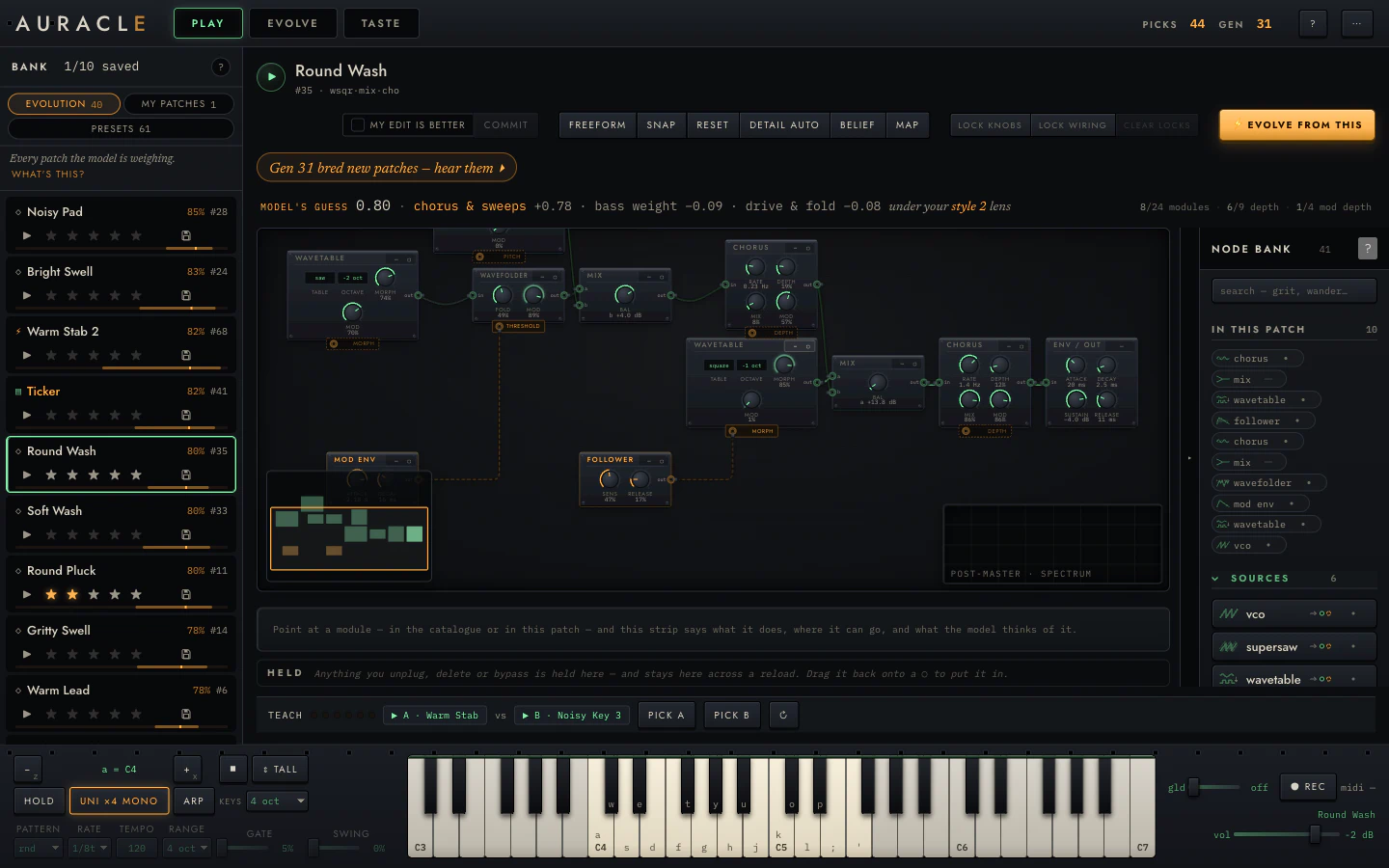The PLAY view: a patch bank on the left, an eight-module rack wired with green audio cables and amber modulation cables, the node bank catalogue on the right, and a keyboard docked along the bottom.