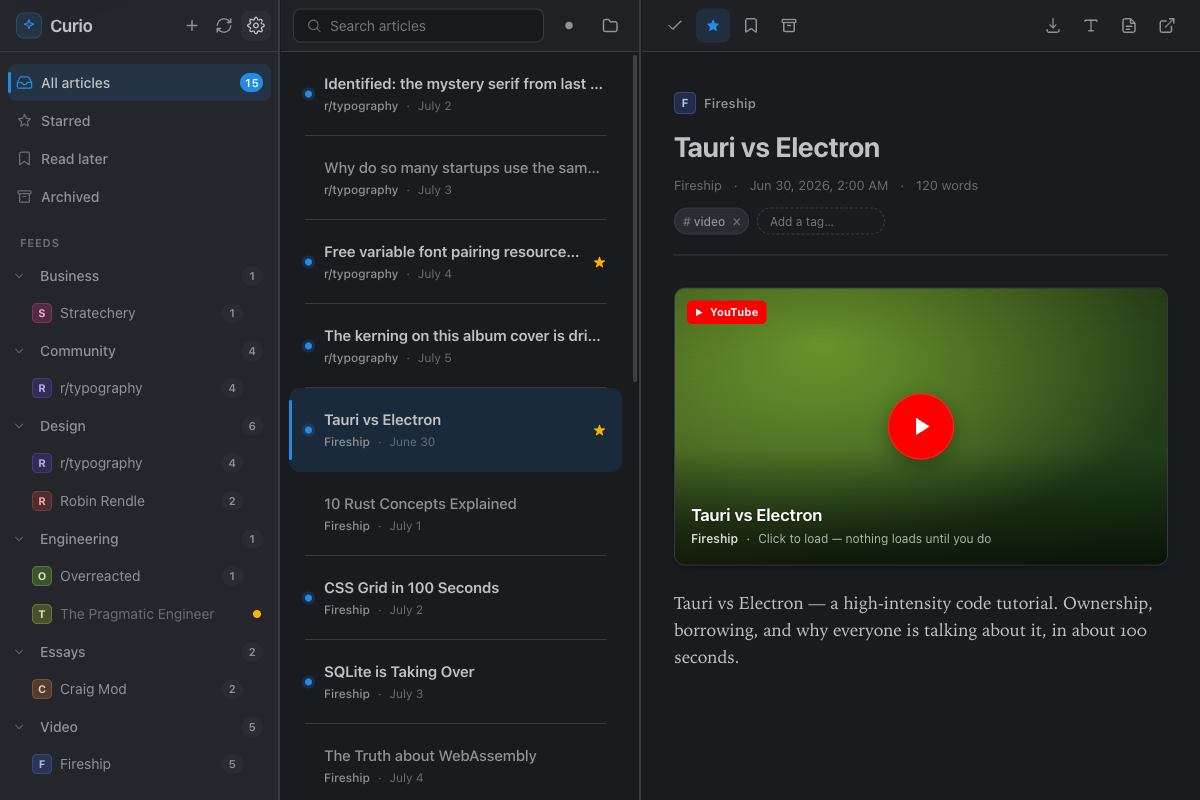 The Curio three-pane reader: folder sidebar, article list, and a reading pane with an RSS-native YouTube card.