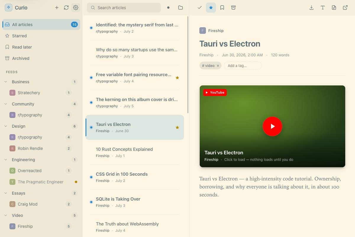 The Curio reader in the Solarized Light theme.