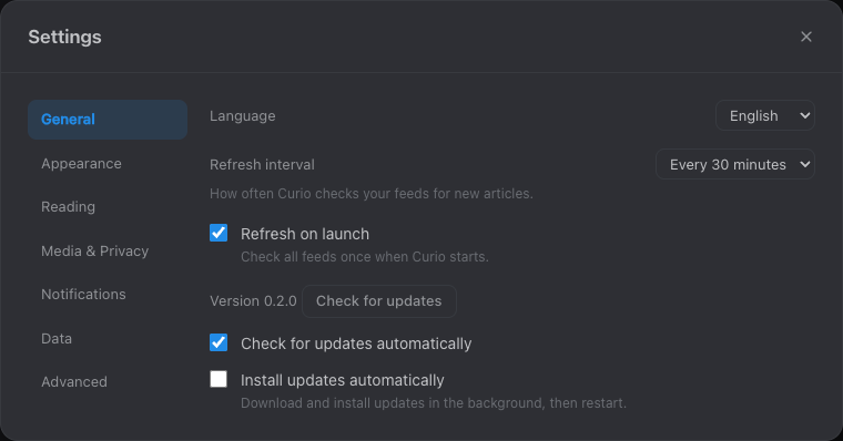Curio's General settings — language, a refresh interval, refresh-on-launch, the running version with a Check for updates button, and auto-check / auto-install toggles.