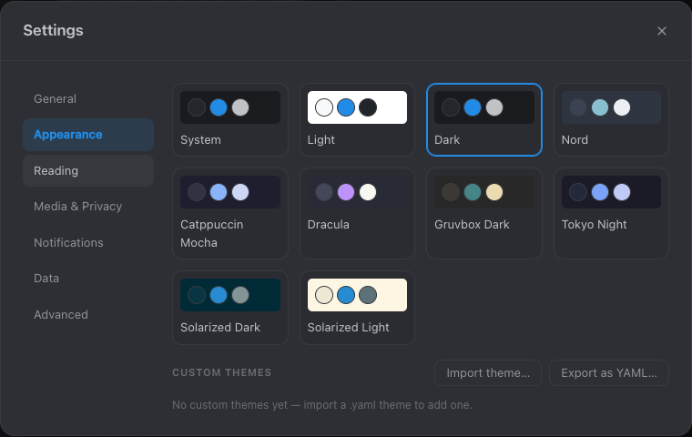 Curio's tabbed Settings on the Appearance tab — a left rail of tabs (General, Appearance, Reading, Notifications, Media & Privacy, Data, Advanced) beside the theme picker and language selector.